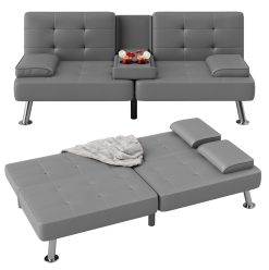 Flamaker Futon Sofa Bed Modern Folding Futon Set PU Leather Convertible Recliner Lounge for Living Room with 2 Cup Holders, Removable Armrests (PU Leather, Grey)