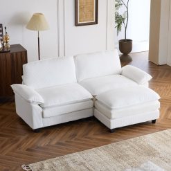 VINGLI 86" Cloud Corduroy Sectional Sofa, Comfy L-Shaped Extra Deep Seat Sofa Couch for Living Room,Modern 2-Seat Convertible Loveseat Sofa with Ottoman for Small Space(White)