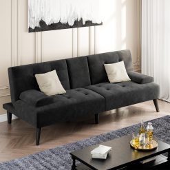 Shintenchi Futon Sofa Bed, Velvet Foldable Couch Reclining Sleeper w/Removable Armrests, Upholstered Loveseat w/Folding Cup Holders for Home, Office, Black