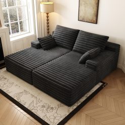 80” Oversized Double Lounge Chaise,Cloud Plush Sofa Bed,Upholstered Boneless Cloud Sofa Deep Seat,No Assembly Required,Modern Corduroy Sleeper Loveseat Chair for Living Room Bedroom Reading,Black