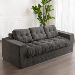 MAXYOYO 3 Seater Couch for Living Room, Boneless Couch with Tufted Cushion & Backrest, Upholstered Floor Sofa with Armrests, Sofa in A Box, No Assembly Required, Dark Grey